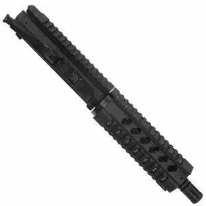 Black AR-15 upper receiver with Picatinny rail and lightweight, ventilated handguard for accessories.