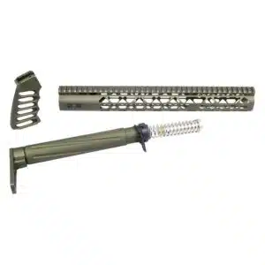 Olive drab AR-style rifle parts kit with modular lightweight design for customization.