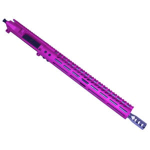 Vibrant purple AR-15 5.56 upper receiver with vented handguard and muzzle brake.