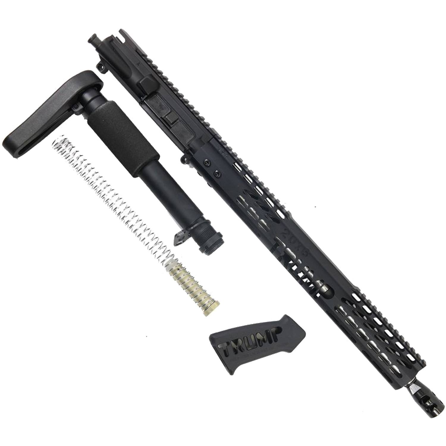 Disassembled AR-15 upper receiver with barrel, M-LOK handguard, bolt carrier, and accessories.