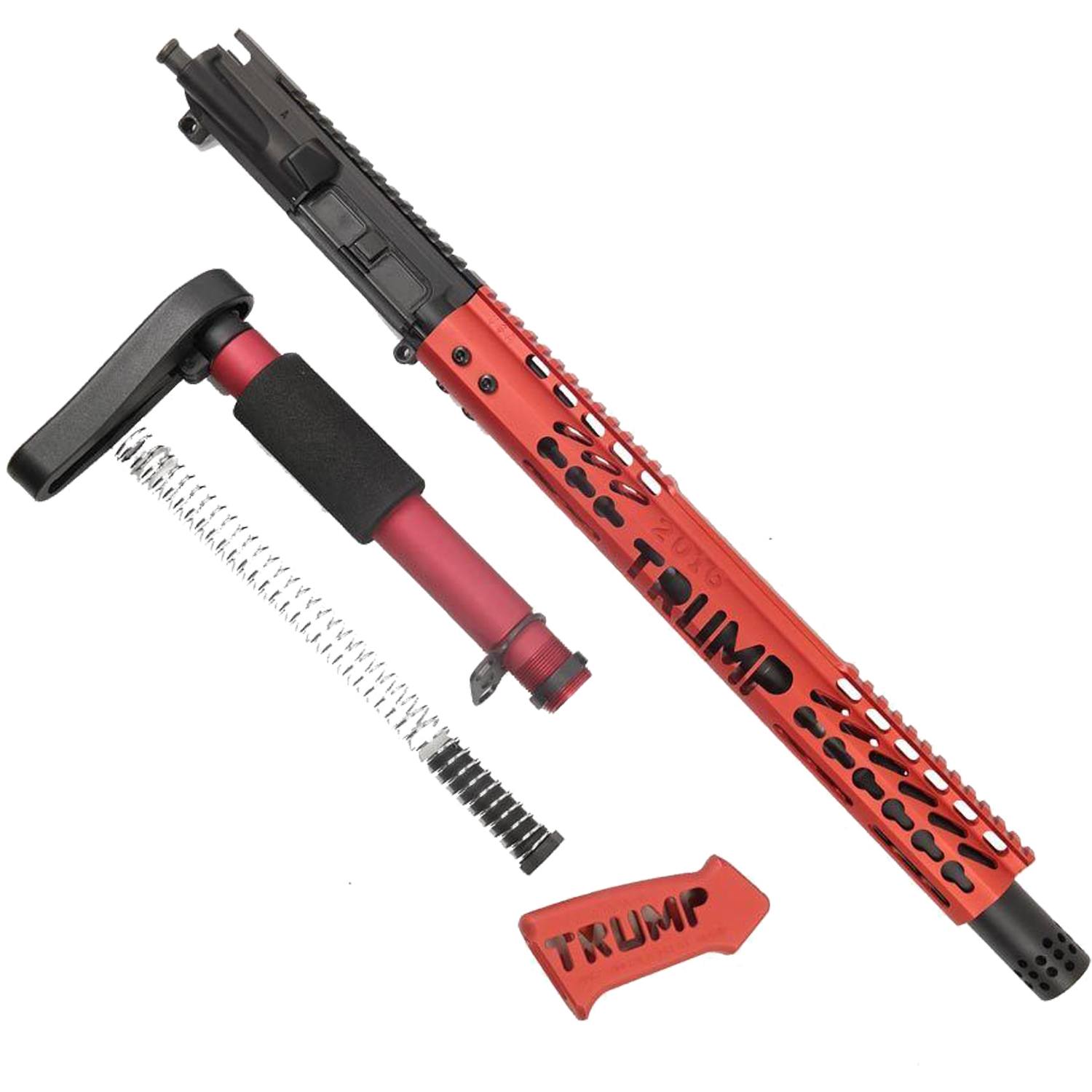 Disassembled AR-15 upper receiver, red TRUMP handguard, recoil components, custom political firearm.