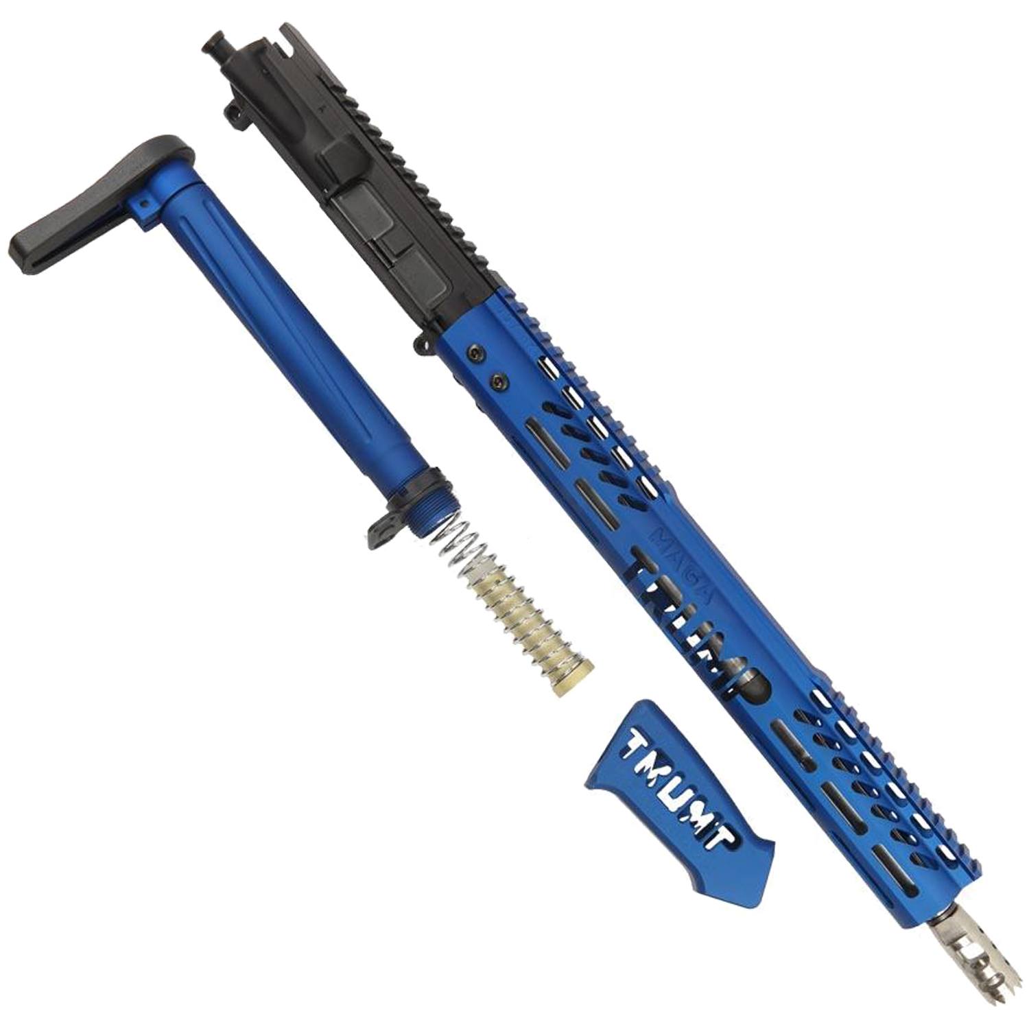 Disassembled anodized blue AR-15 upper receiver with tactical rail, charging handle, and components.