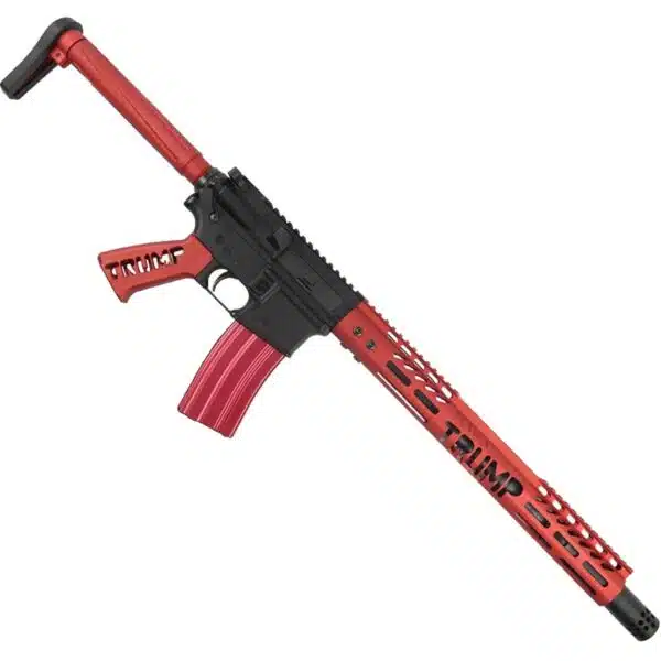 Red and black AR-15 rifle with CIVIL branding, ergonomic design, competition/training model.