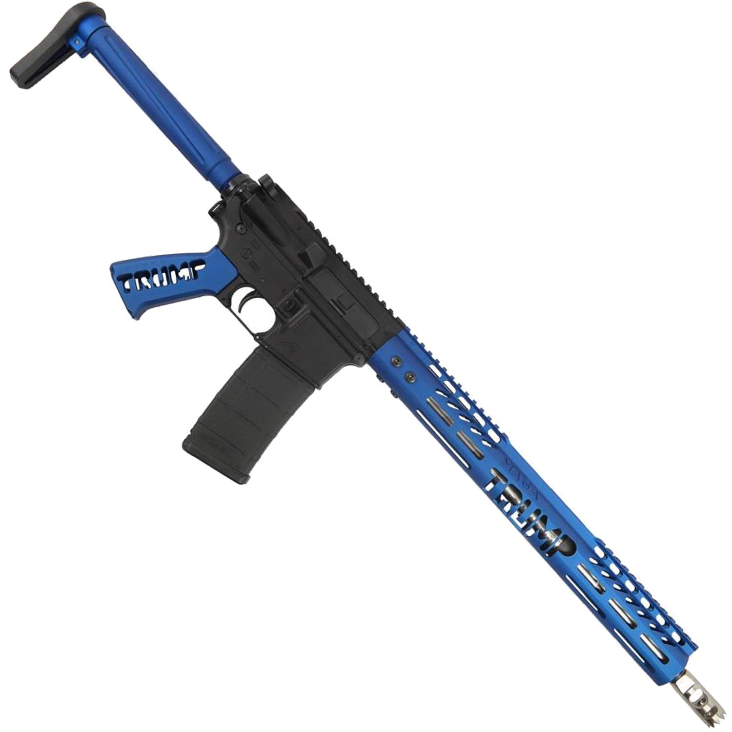 Blue and black AR-style sporting rifle with distinctive customization for competitive shooting.