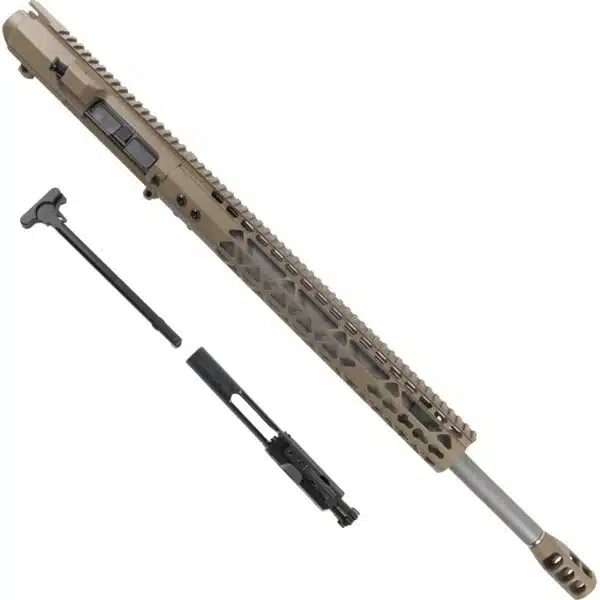 AR-15 6.5 Creedmoor Upper with FDE KeyMod Handguard, Tank Brake, and Black Components.