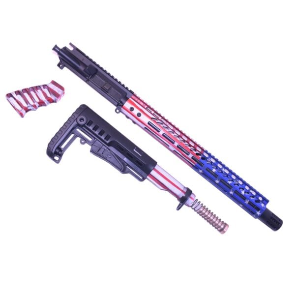 Patriotic AR15 rifle parts with American flag design, battle-worn finish.