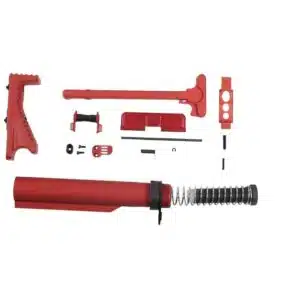 AR-15 red anodized buffer tube assembly set with precision components, customizable firearm enhancements.