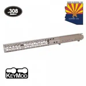 Tan .308 rifle upper receiver, skeletonized design, KeyMod compatible, made in Arizona, USA.