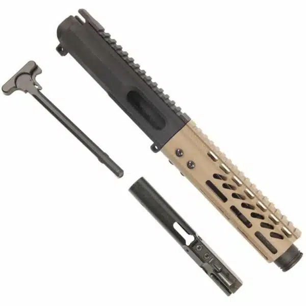 AR15 9MM Upper with 7 FDE Handguard, Charging Handle, and Bolt Carrier Group.