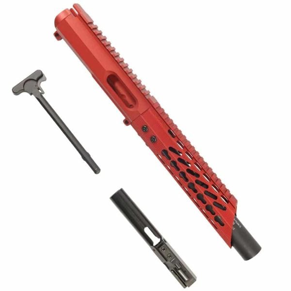 AR15 9MM Complete Upper In Red With Slant KeyMod Handguard And Fake Suppressor