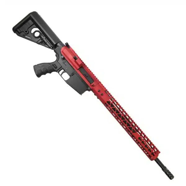 AR LR308 Complete Upper Receiver with 18 inch Barrel and 15 inch Airlite KeyMod Handguard with Tank Brake In Red Mounted