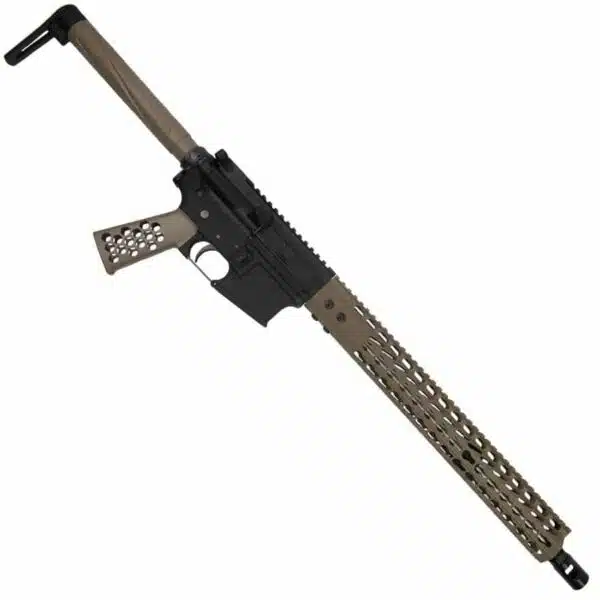 Tactical airsoft rifle with black and tan design, perforated handguard, and ergonomic textured grip.