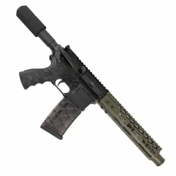 Tactical AR-style firearm with suppressor, camo magazine, and olive M-LOK handguard.