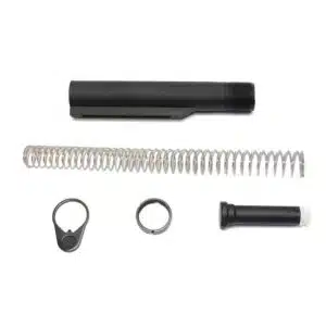 AR-15 heavy-duty buffer tube kit components on white background.