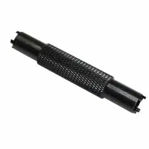 Black metal cylindrical tool with knurled middle grip, likely for firearms or technical equipment.
