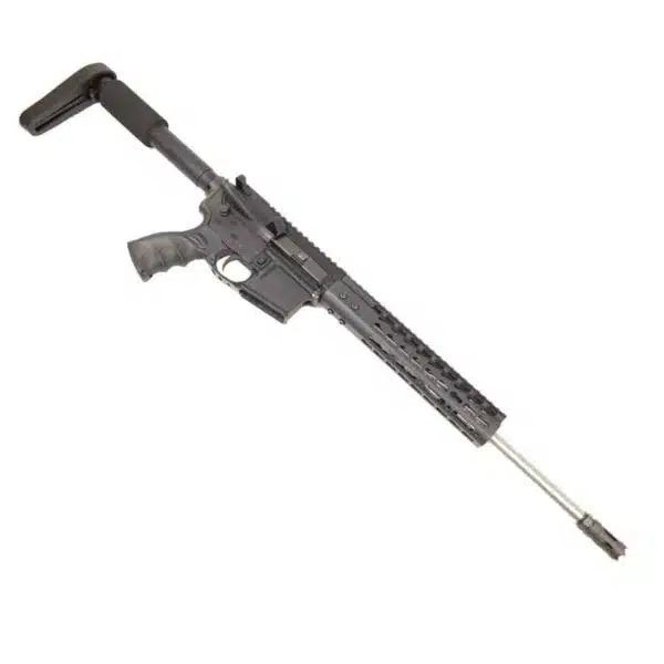 Modern semi-automatic AR-style rifle with tactical rail, black matte finish, and silver bull barrel.