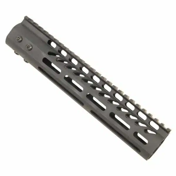 Sleek AR-15 M-LOK handguard with cutouts for attachments, offering lightweight durability.