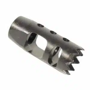 AR-15 Stainless Steel Muzzle Brake with Crown Edge and Rectangular Cutouts.