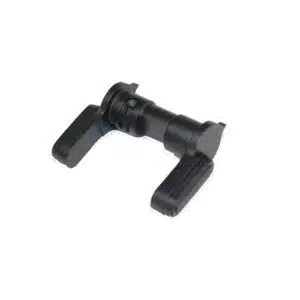 AR-15 M4 rifle ambidextrous safety selector switch, black metal, ergonomic design.