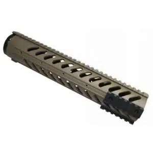 Tan 12-inch AR-15 free float handguard with Picatinny rail and modular slots for customization.