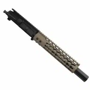 Compact AR-15 upper with 9 FDE handguard and mock suppressor for tactical customization.