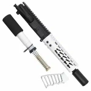 Custom AR-15 upper receiver kit with black and white design, includes barrel and spring.