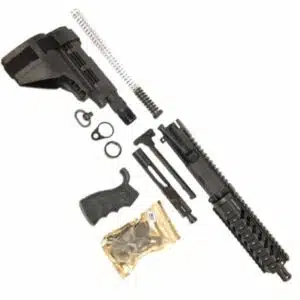 Disassembled AR 5.56 Rifle Parts Kit with 7 Quad Rail and Tactical Stock Display.