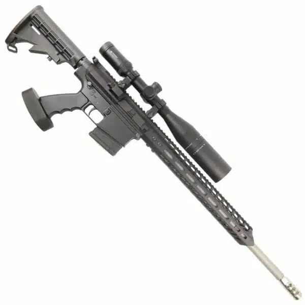 Matte black semi-automatic rifle with scope, adjustable stock, handguard, and accessories for precision shooting.