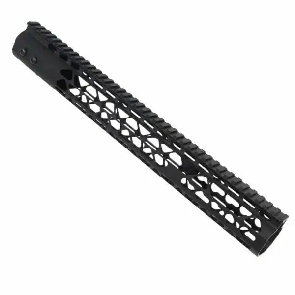 Black AR-15 handguard, lightweight aluminum, Picatinny rail, honeycomb pattern, M-LOK for accessories.
