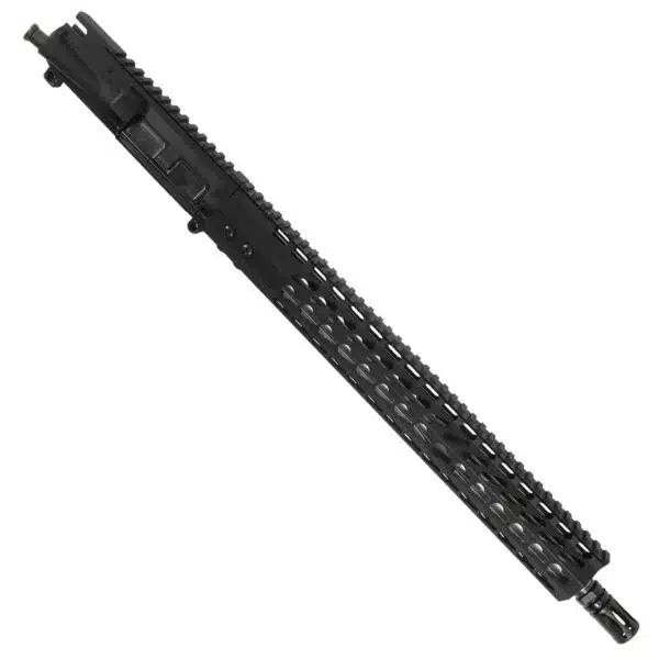 Matte black AR-15 upper with M-LOK handguard, flash hider, and modular accessory attachments.