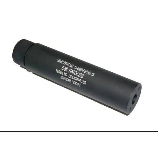 AR15 5.5-inch fake suppressor barrel extension, sleek black finish with visible specifications.