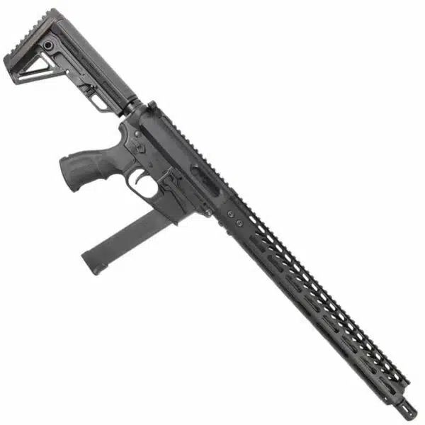 Modern AR-15 9MM carbine rifle with tactical features and modular design on white background.