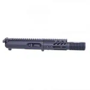 AR15 9MM upper receiver with Picatinny and M-LOK rails, flash suppressor, tactical design.