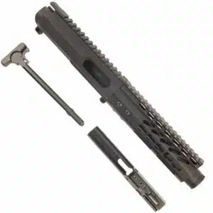 Disassembled AR15 9MM upper receiver with tactical rail, charging handle, bolt carrier group, on white background.