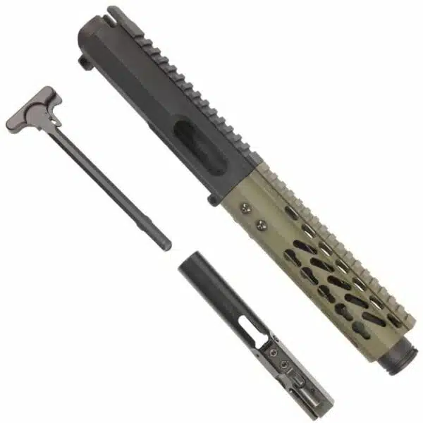 Disassembled AR-15 upper assembly with black anodized finish, tan handguard, and Picatinny rail.