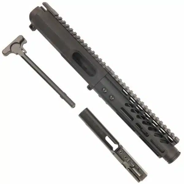 AR-15 9MM upper receiver kit with Picatinny rail, charging handle, and bolt carrier group.