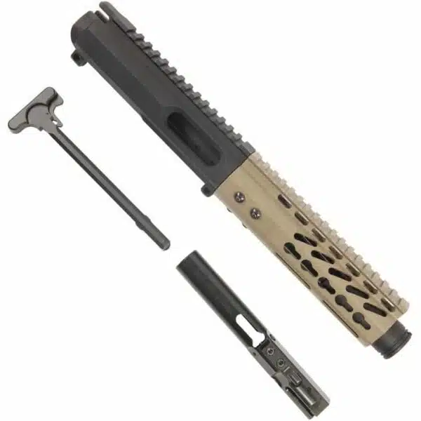 Disassembled AR-15 upper receiver with FDE handguard, charging handle, and bolt carrier group.