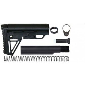 AR-15 matte black adjustable stock kit with essential components for rifle customization.