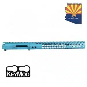 Teal KeyMod rifle handguard with Arizona logo, designed for accessory customization.