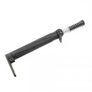 Black AR-15 buffer tube assembly with spring, grooved design, and locking mechanism.