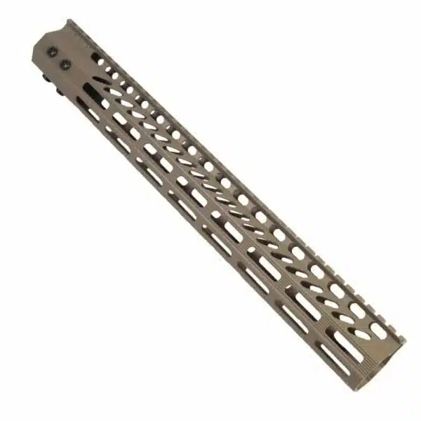 Lightweight FDE AR-15 handguard with M-LOK rail and ventilated design for accessories.