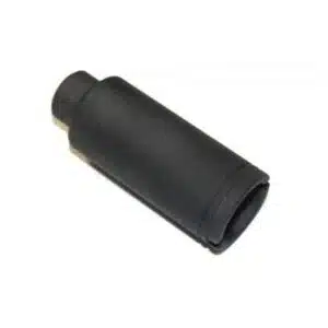 Black cylindrical AR-15 muzzle device; reduces flash, sound, or recoil; matte finish.