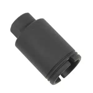 Matte black, cylindrical muzzle device for AR-15, reduces flash, recoil, or muzzle rise.