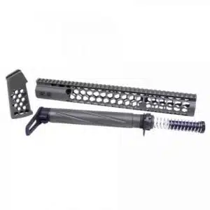 Black AR-15 handguard with M-LOK rail, vertical grip, and buffer tube assembly for customization.