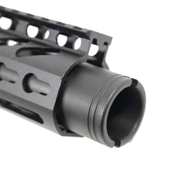 Close-up of AR-15 pistol upper with 9 KeyMod rail in matte black for tactical use.