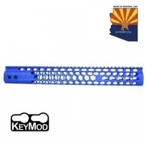 Blue KeyMod AR15 handguard with honeycomb design, made in Arizona, ideal for customization.