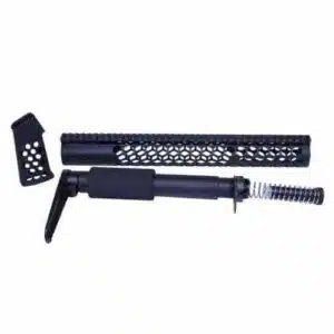 AR-15 tactical kit with honeycomb-pattern handguard, buffer tube, and grip, matte black.