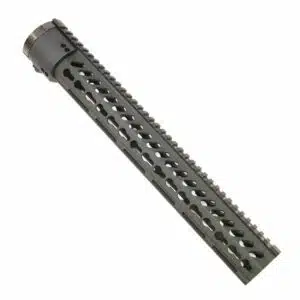 Matte black 15-inch KeyMod free-float AR-15 handguard for versatile accessory attachment.