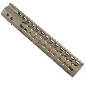 Tan AR-15 KeyMod handguard with lightweight perforated design for accessory mounting and heat reduction.