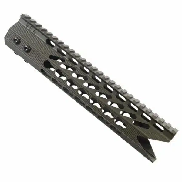 OD Green AR-15 10 KeyMod Handguard with Picatinny Rail for Tactical Accessory Mounting.